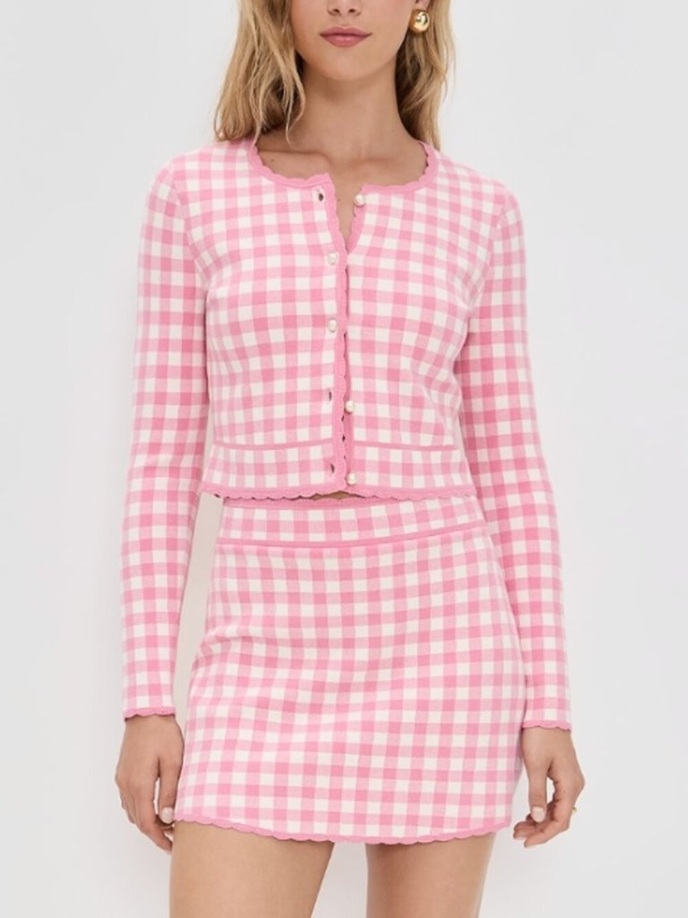 NWT LoveShackFancy Bridgette Cardigan Small Pink Pearl Check